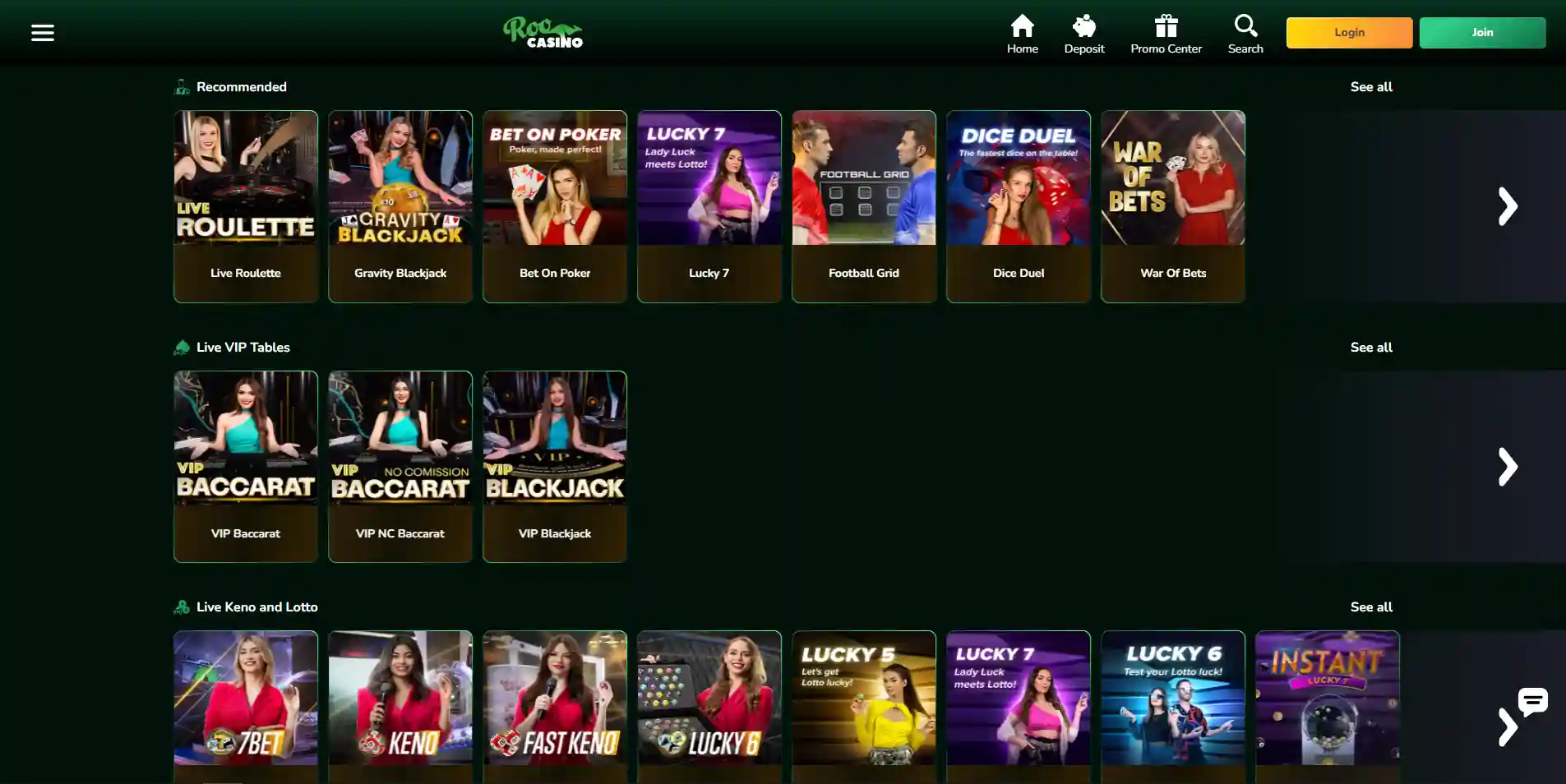 Roo Casino live games area showing dealer tables and game categories