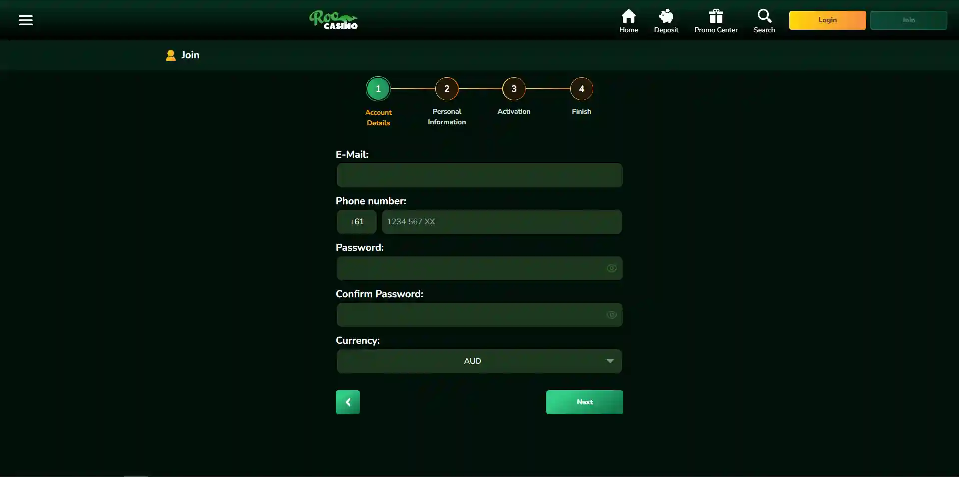 Roo Casino sign-up page with the account registration form open