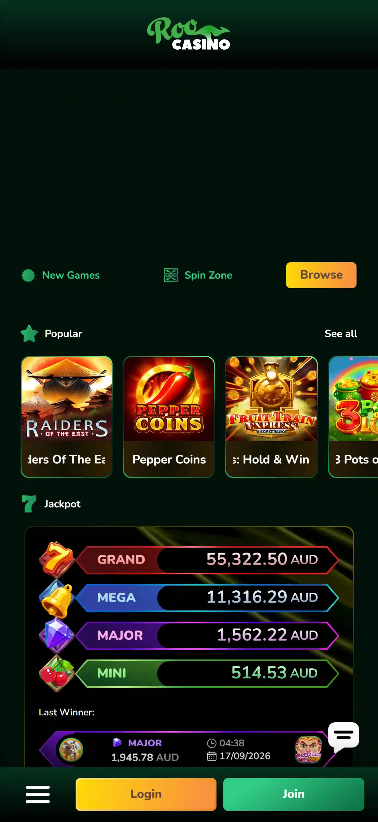 Roo Casino website displayed on a smartphone with the mobile navigation and game lobby visible