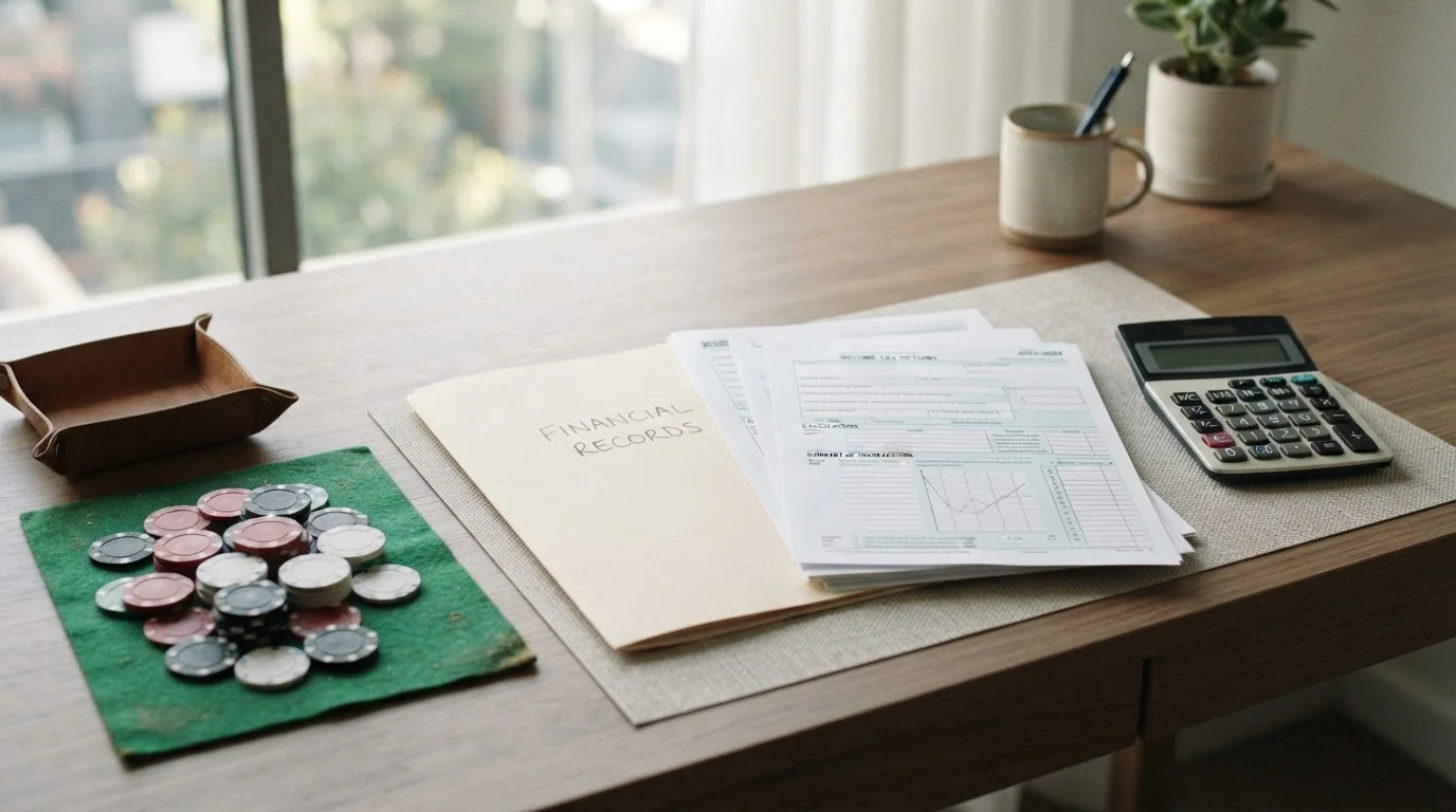 Australian tax papers beside casino chips and a calculator