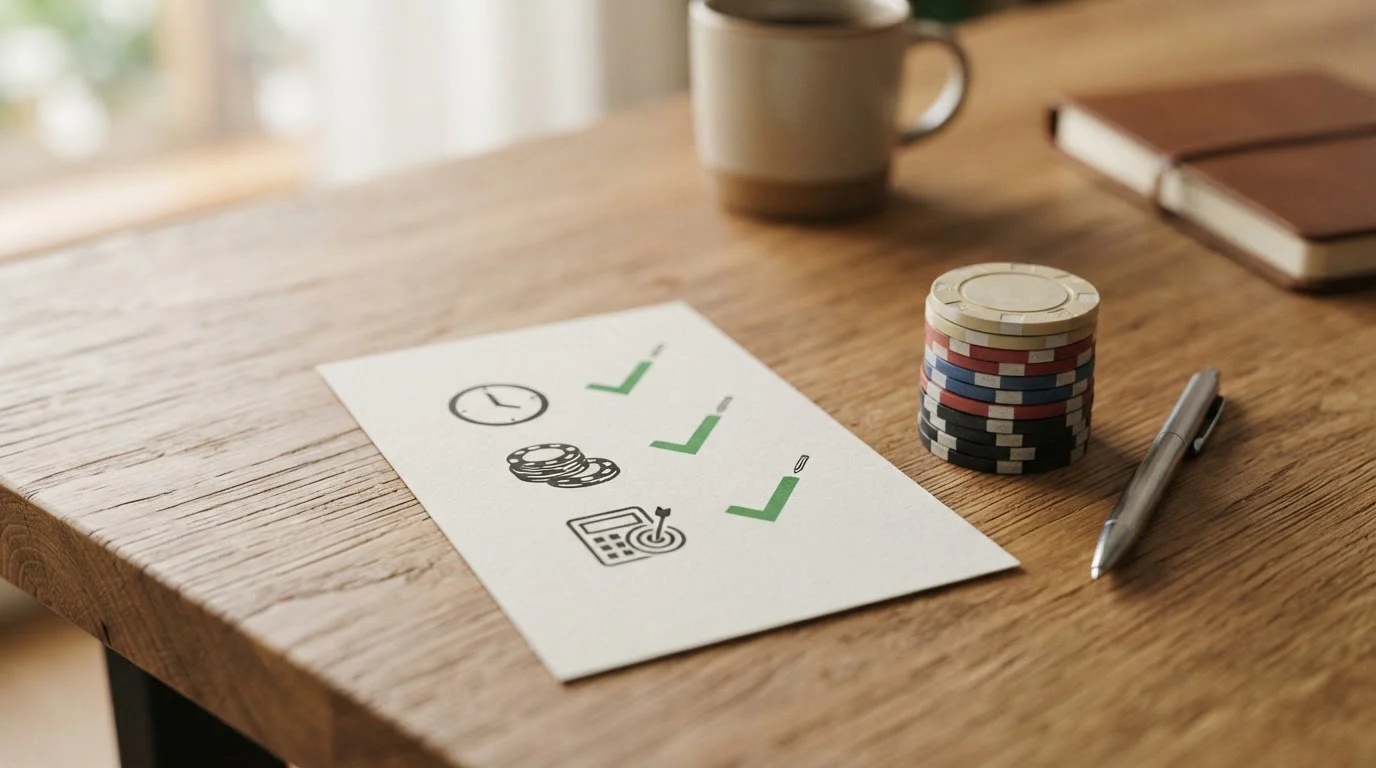 Checklist beside casino chips highlighting wagering, expiry and stake limits