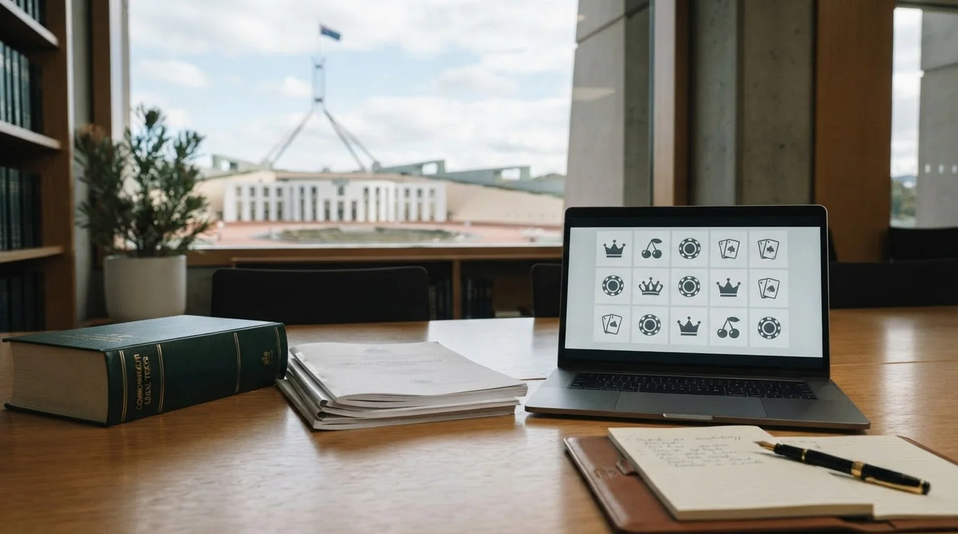 Australian law book beside a laptop showing online gambling symbols