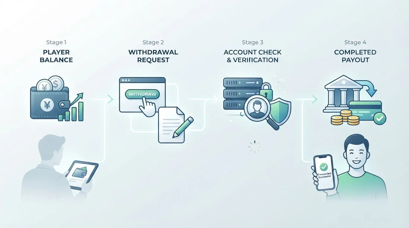 Cashout journey from a casino balance through account checks to a completed payout